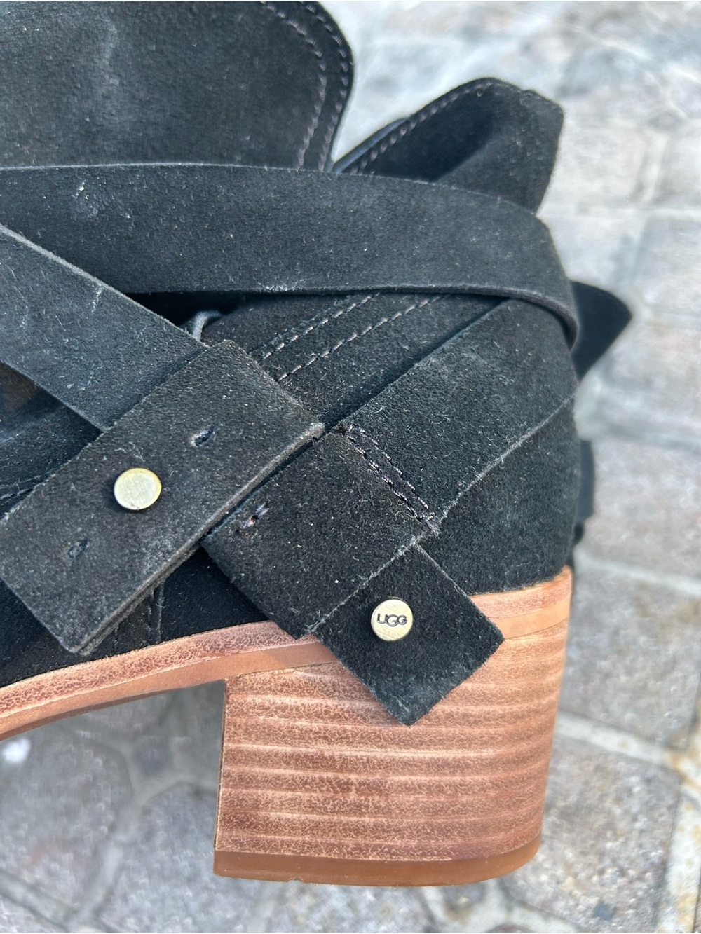 UGG Elora Black Suede Ankle Boots with Crisscross Strap Size 9 - Picture 5 of 13